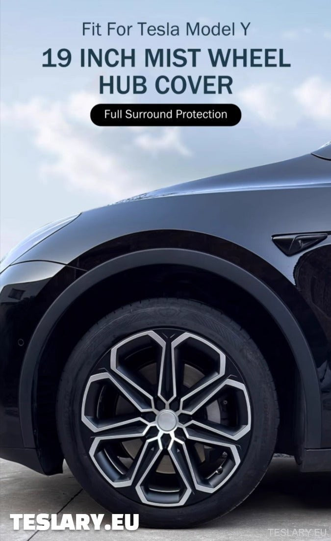 TESLA MODEL Y 19" UNIQUE S14 FULL COVER WHEEL HUBS BLACK & SILVER