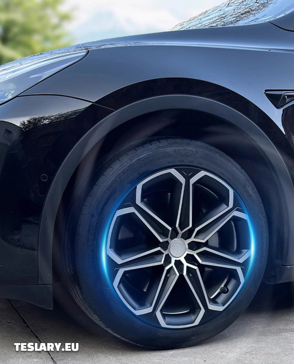 TESLA MODEL Y 19" UNIQUE S14 FULL COVER WHEEL HUBS BLACK & SILVER