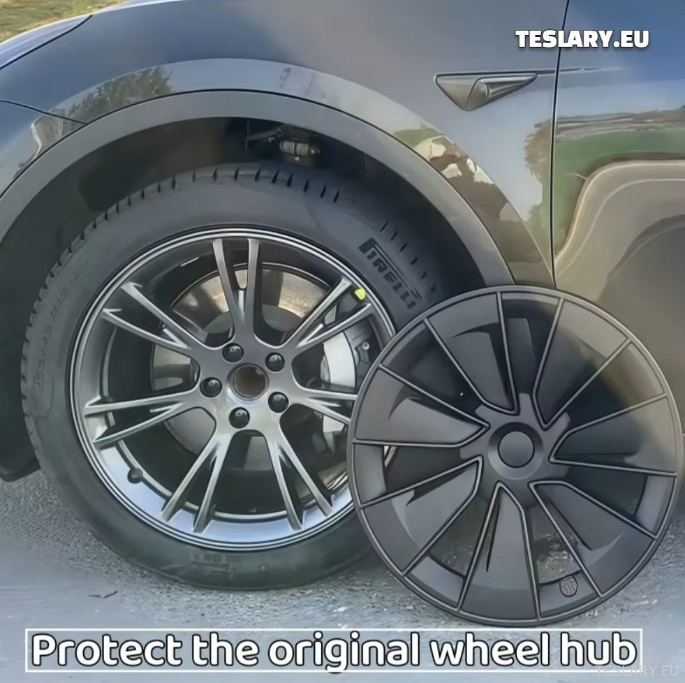 TESLA MODEL Y 19" UNIQUE S15 FULL COVER WHEEL HUBS BLACK & SILVER