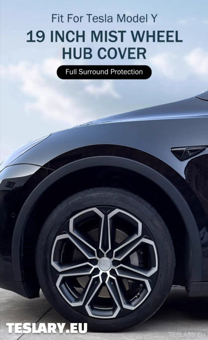 TESLA MODEL Y 19" UNIQUE S14 FULL COVER WHEEL HUBS BLACK & SILVER