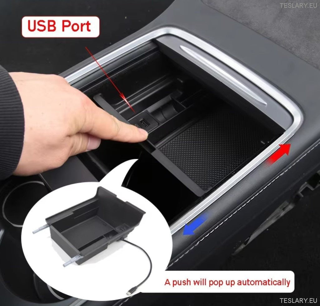 Tesla Model 3 / Y Centre Console Front Organiser with USB Ports and Spring Return