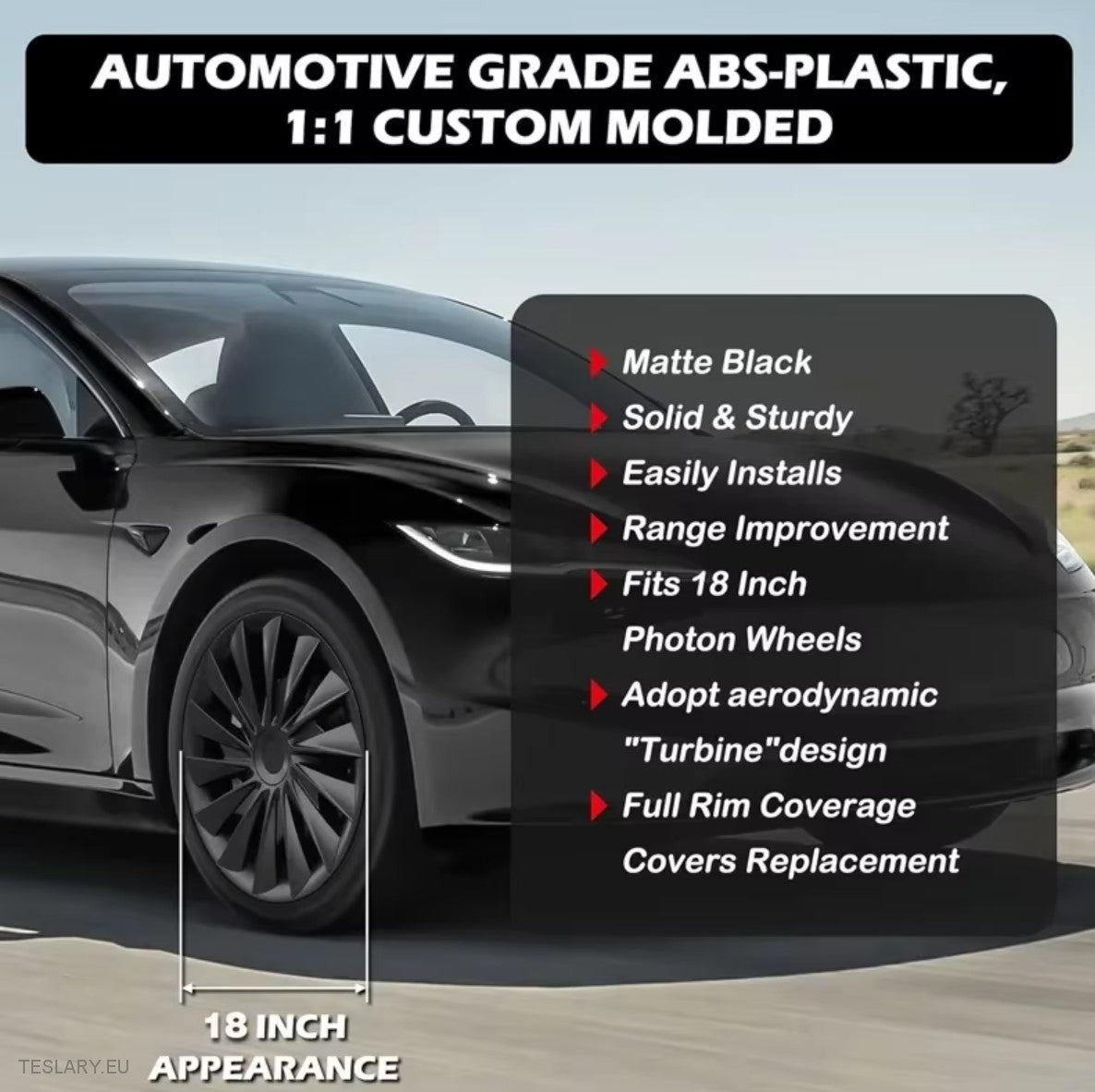 18" Tesla Model 3+ Highland Performance Induction Style Wheel Covers -Gloss Black