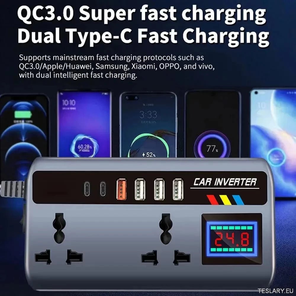 Multiport Car Power Inverter: 12V/24V to 220V with 9 Charging Ports - EV Compatible - TESLARY Tesla Shop Accessories Europe Nederlands Ireland Deutschland Espana Alicante France Italia