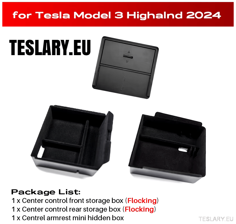 Tesla Model 3+ Highland Accessories 3 Pack Front & Rear Trays & Hidden Storage - TESLARY Tesla Shop Accessories Europe Nederlands Ireland Deutschland Espana Alicante France Italia