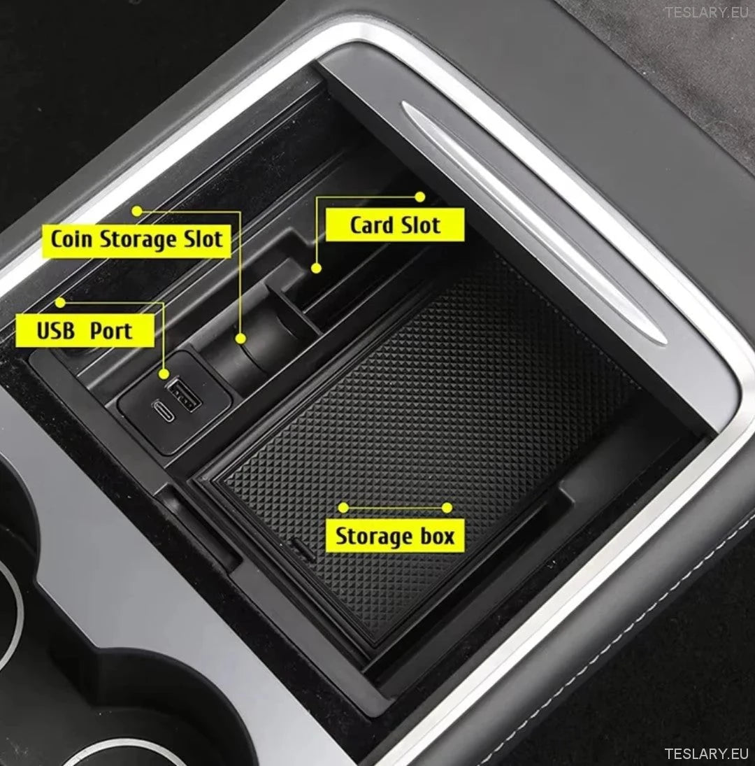 Tesla Model 3 / Y Centre Console Front Organiser Including USB with Spring Return - TESLARY Tesla Shop Accessories Europe Nederlands Ireland Deutschland Espana Alicante France Italia