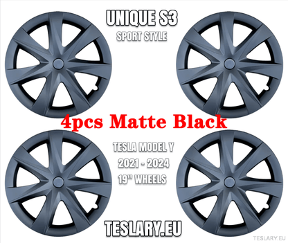 TESLA MODEL Y 19" UNIQUE S3 FULL COVER WHEEL HUBS - TESLARY Tesla Shop Accessories Europe Nederlands Ireland Deutschland Espana Alicante France Italia